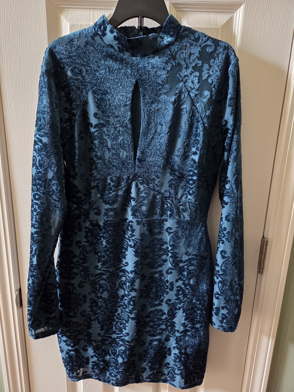 Windsor Teal Blue Velvet Burnout Long Sleeve Mini Dress